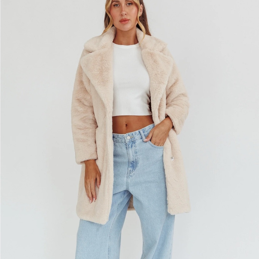 Faux Fur Cream Coat - Women's Plush Long Jacket